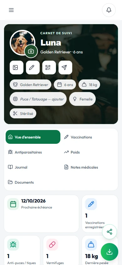 Le Carnet de Luna dans DoogyBook : identité et suivi. Données de démonstration.