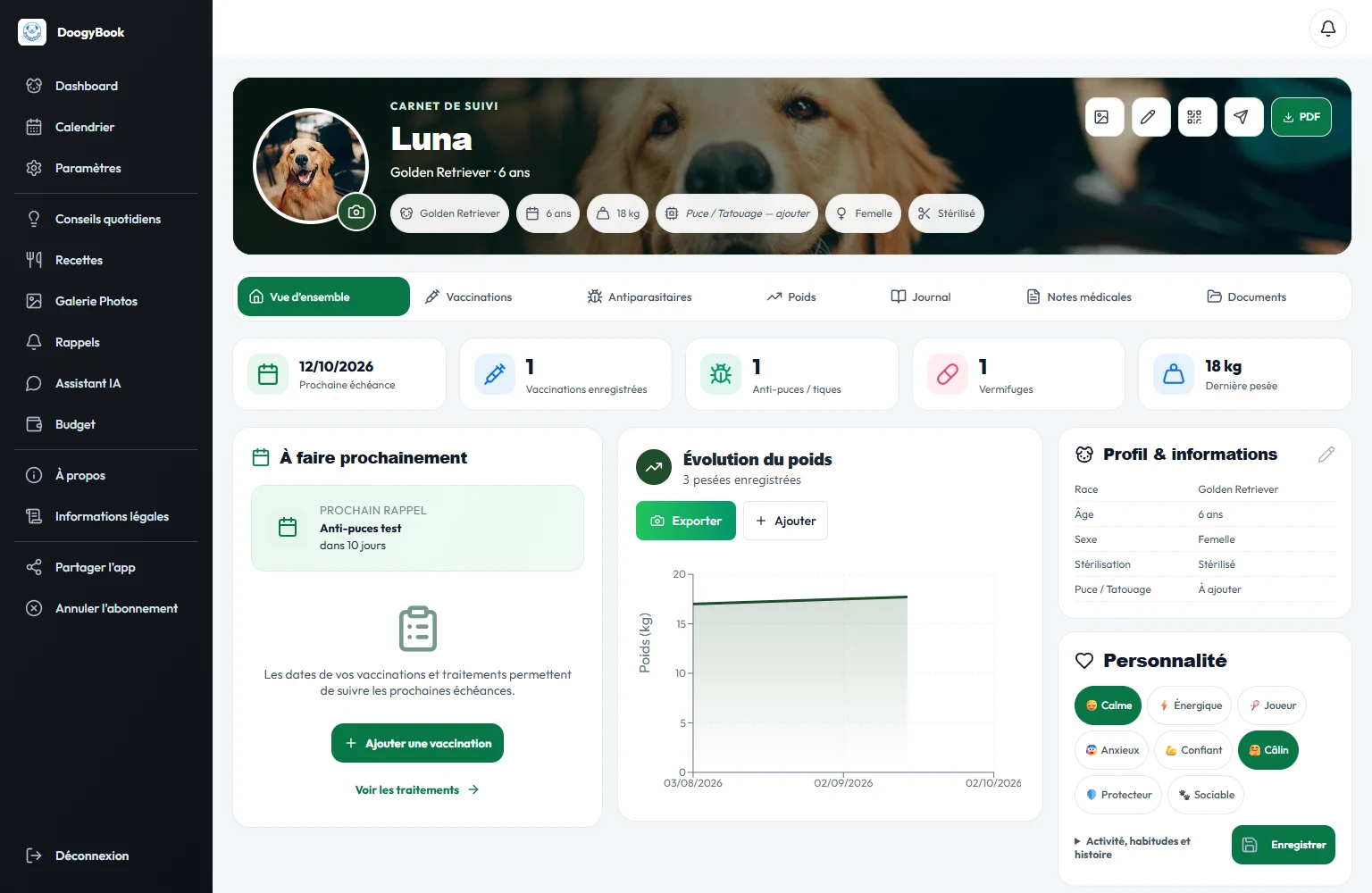Capture réelle de DoogyBook : Un carnet pour toute sa vie. Données de démonstration.