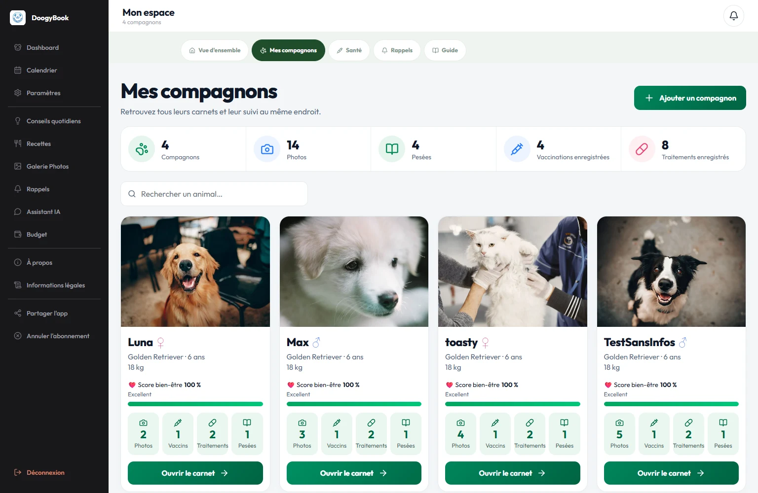 Capture réelle de DoogyBook : Tous vos compagnons. Données de démonstration.